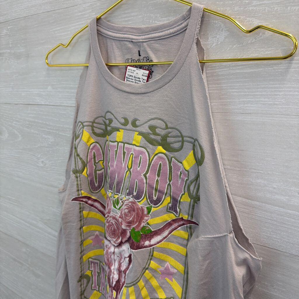 Goodie Two Sleeves Grey/ Multi Cowboy Sleeveless Distressed Graphic Tee Large