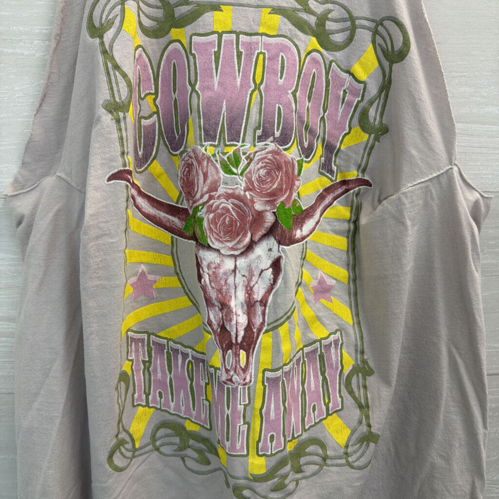 Goodie Two Sleeves Grey/ Multi Cowboy Sleeveless Distressed Graphic Tee Large