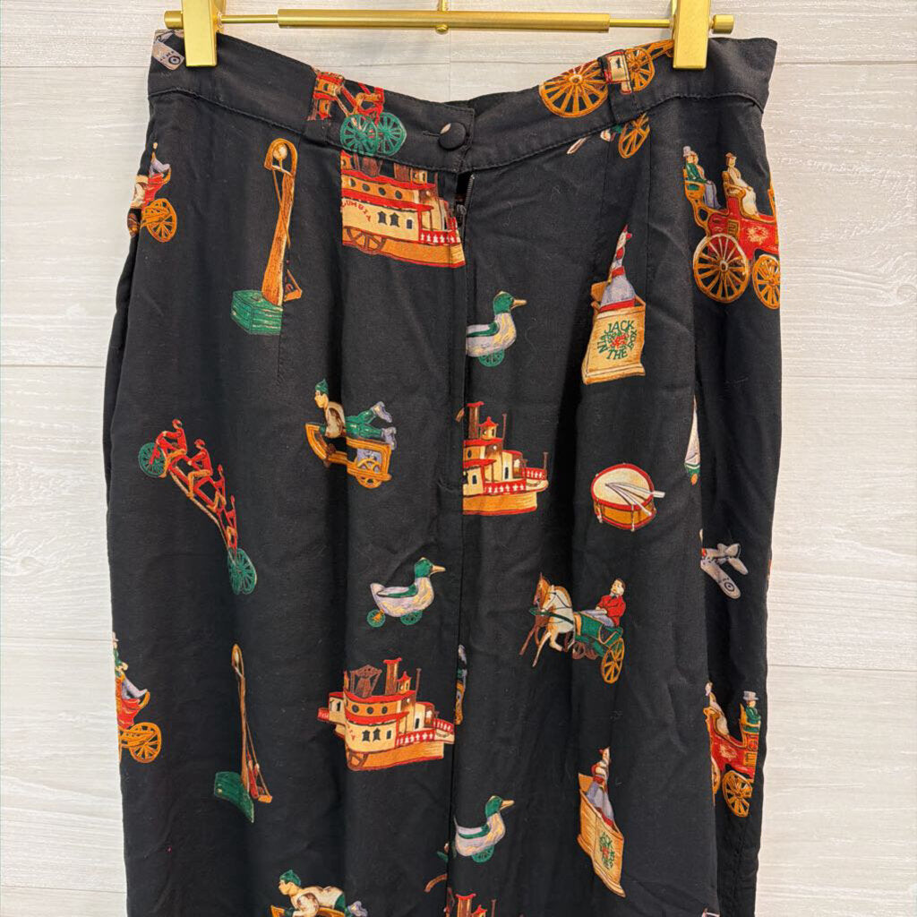 Vintage Sharon Young Black/ Multi Vintage Toys Print Midi Skirt 10