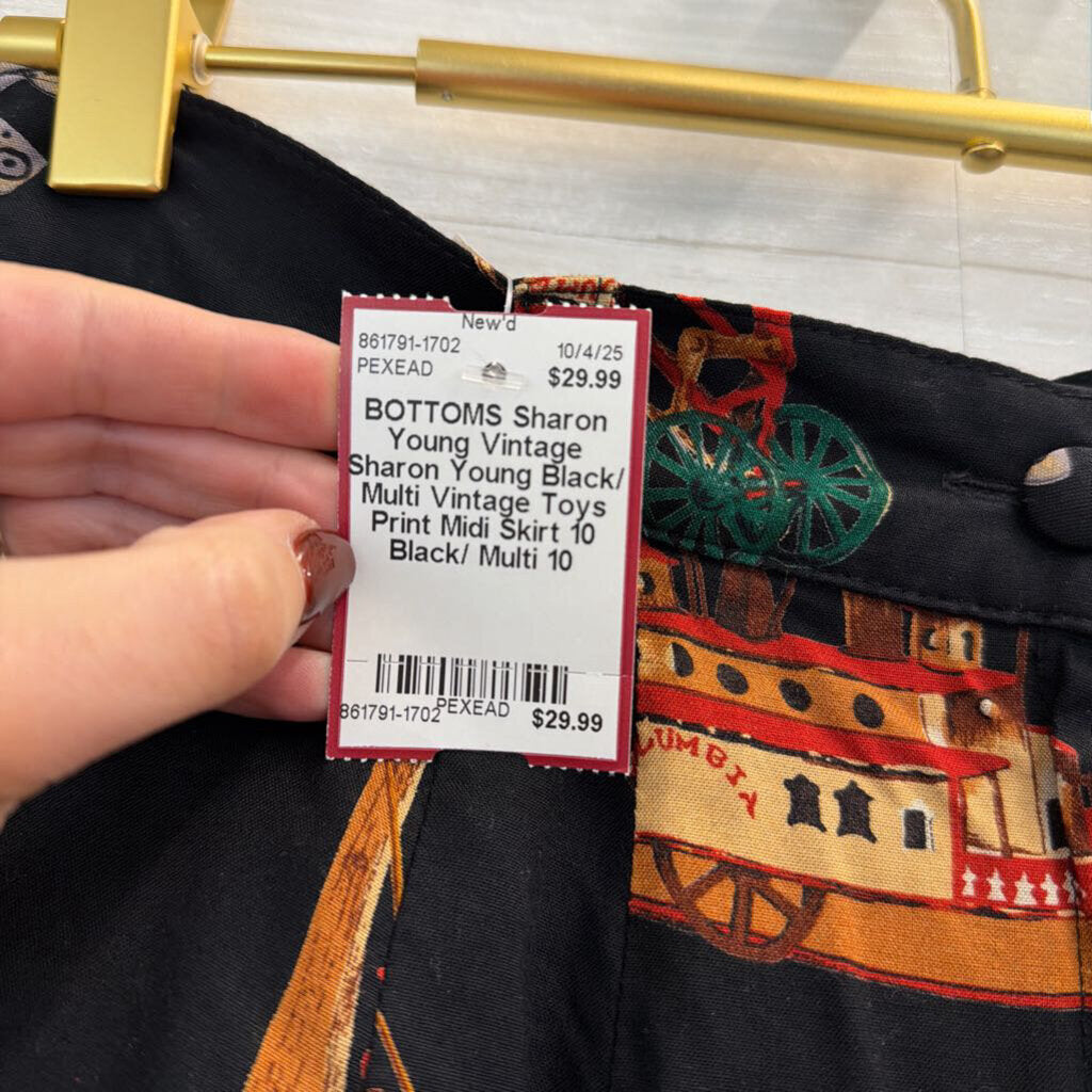 Vintage Sharon Young Black/ Multi Vintage Toys Print Midi Skirt 10