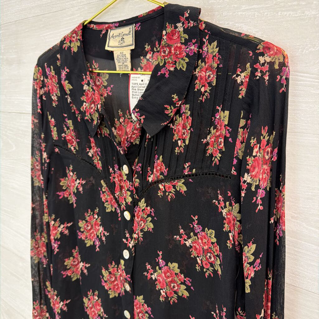 April Cornell Black/ Pink Sheer Flower Print Long Sleeve Button Down Top Extra Small
