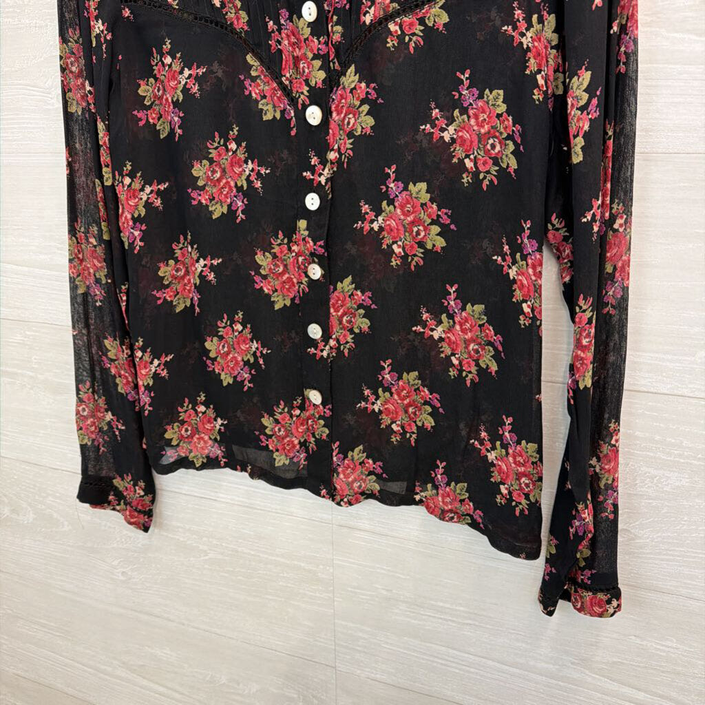 April Cornell Black/ Pink Sheer Flower Print Long Sleeve Button Down Top Extra Small