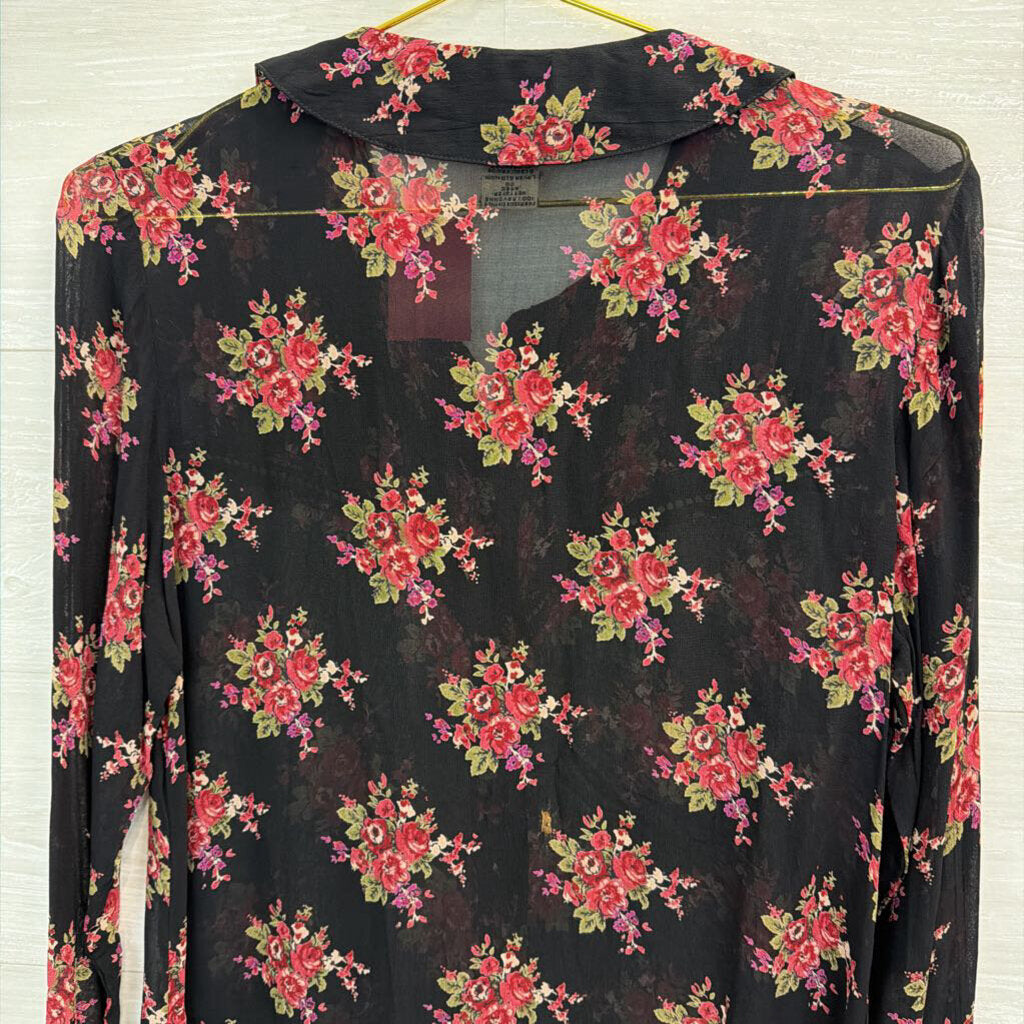 April Cornell Black/ Pink Sheer Flower Print Long Sleeve Button Down Top Extra Small