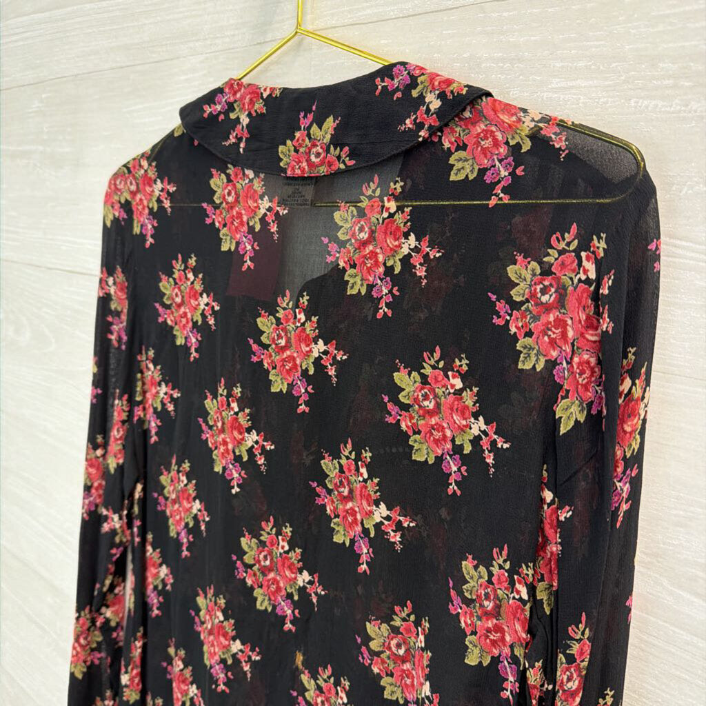 April Cornell Black/ Pink Sheer Flower Print Long Sleeve Button Down Top Extra Small