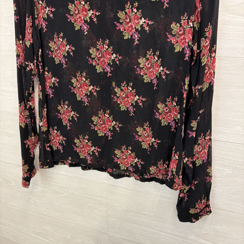 April Cornell Black/ Pink Sheer Flower Print Long Sleeve Button Down Top Extra Small