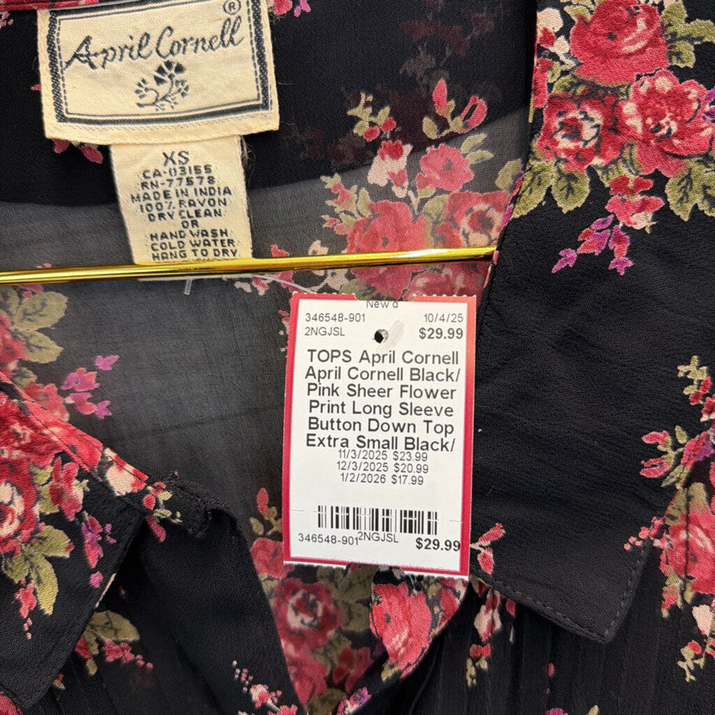 April Cornell Black/ Pink Sheer Flower Print Long Sleeve Button Down Top Extra Small