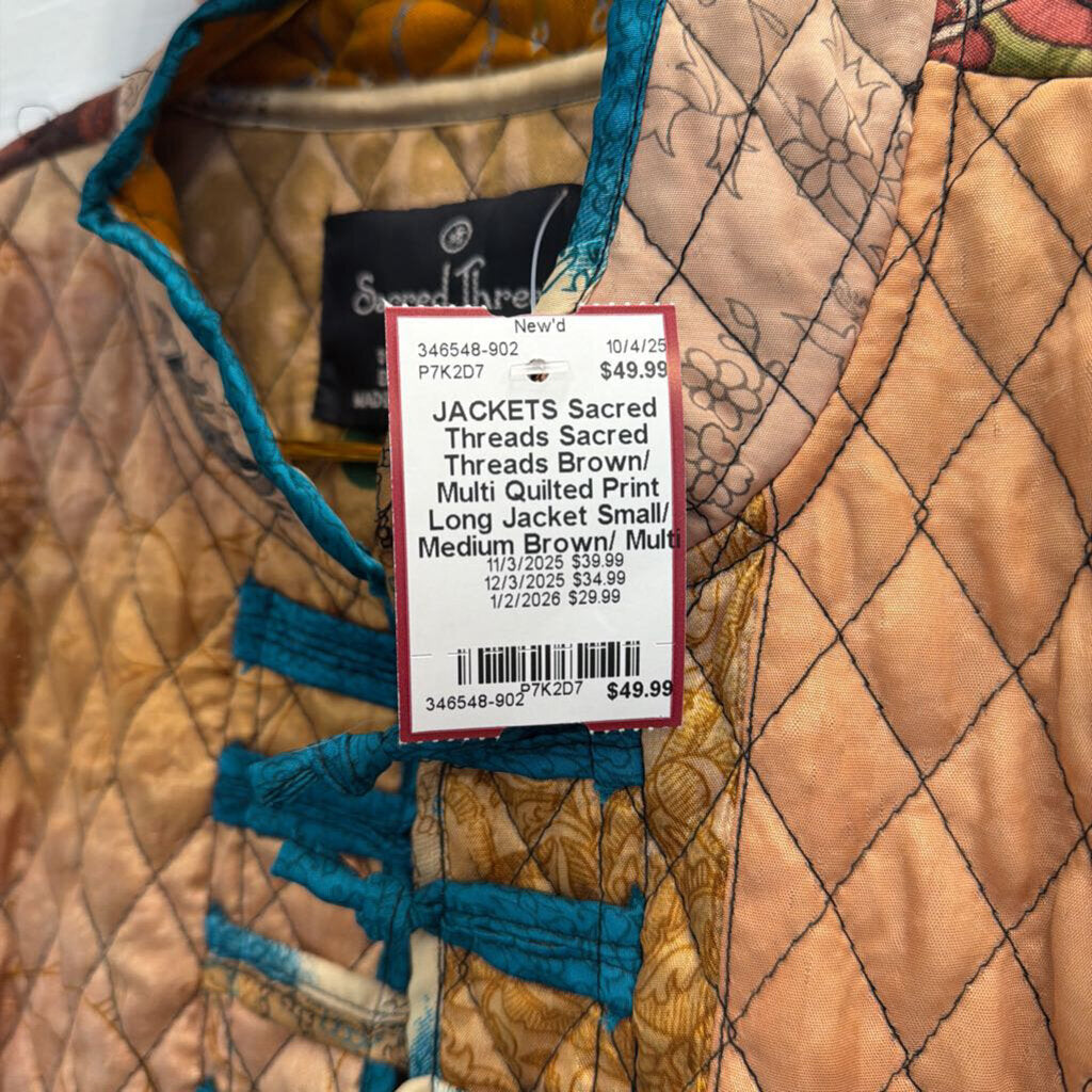 Sacred Threads Brown/ Multi Quilted Print Long Jacket Small/ Medium