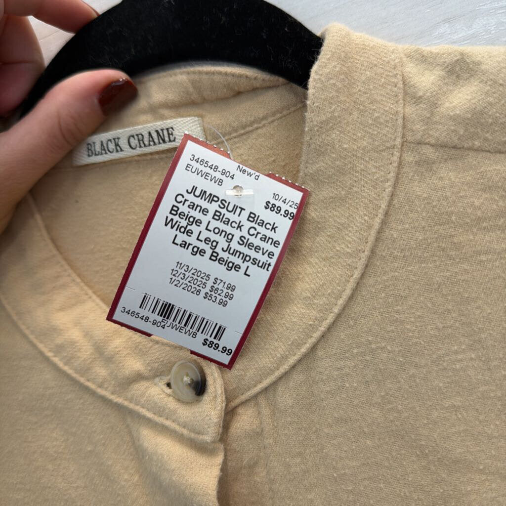 Black Crane Beige Long Sleeve Wide Leg Jumpsuit Large