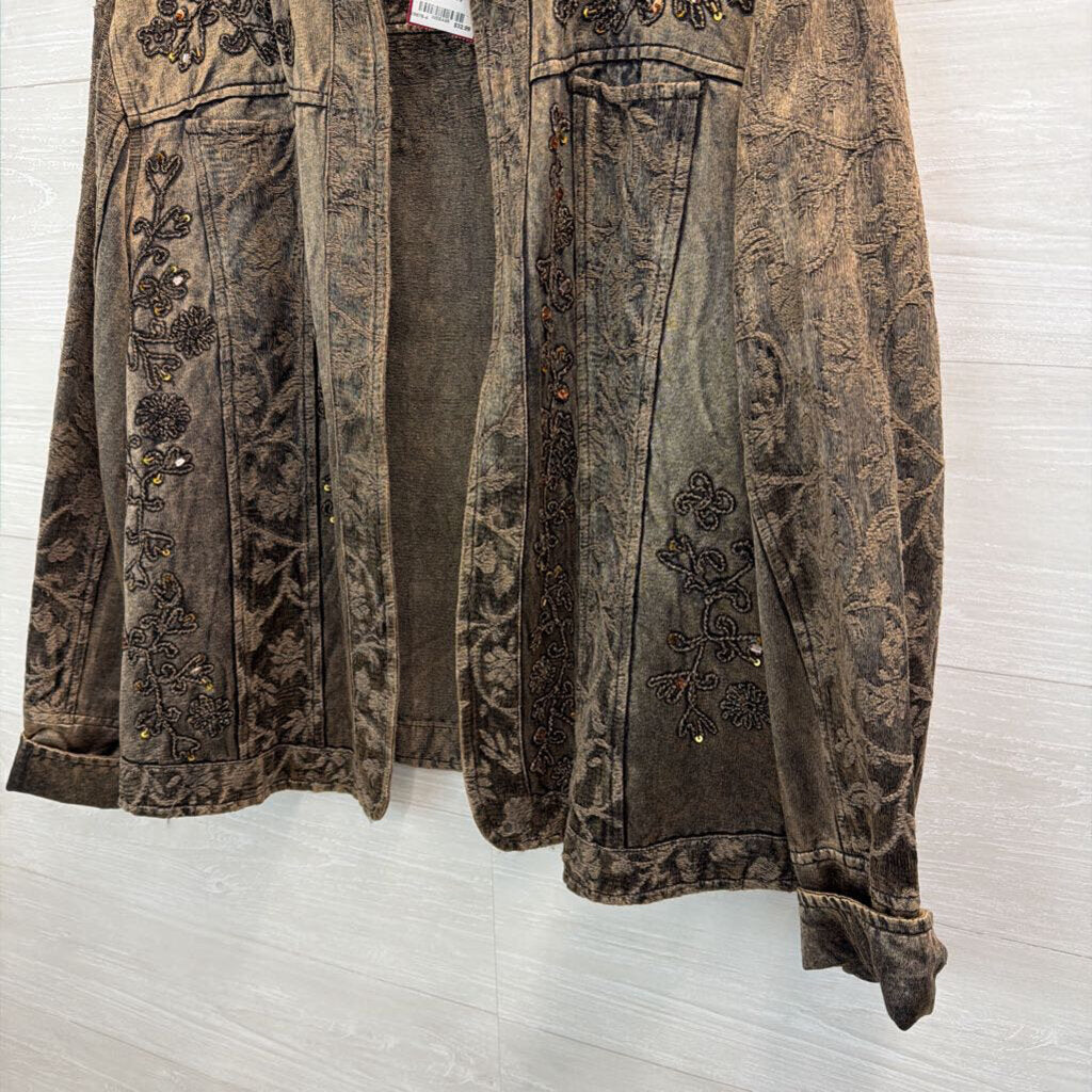 Coldwater Creek Grey Sheen Embroidered Open Front Jacket Top Extra Large