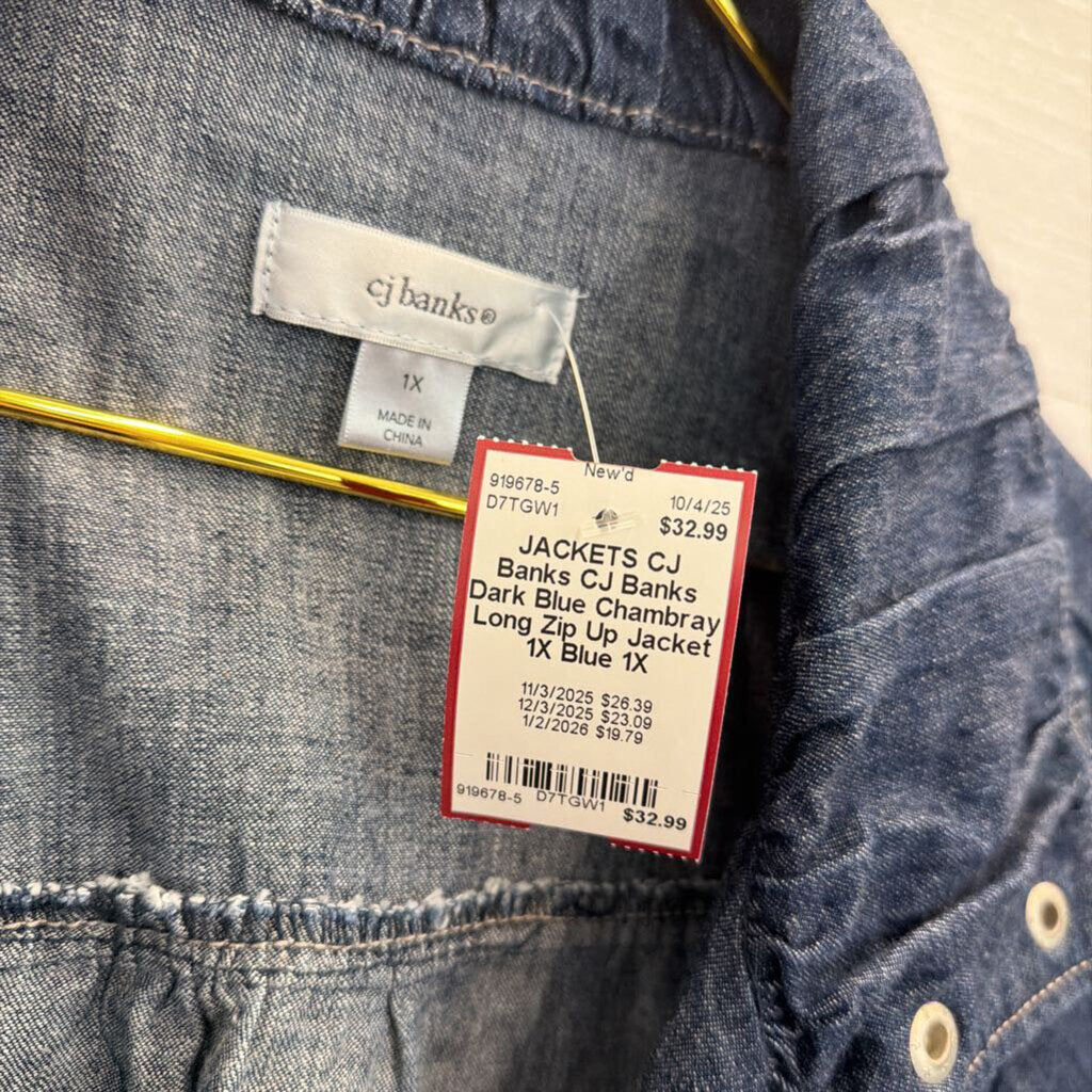 CJ Banks Dark Blue Chambray Long Zip Up Jacket 1X