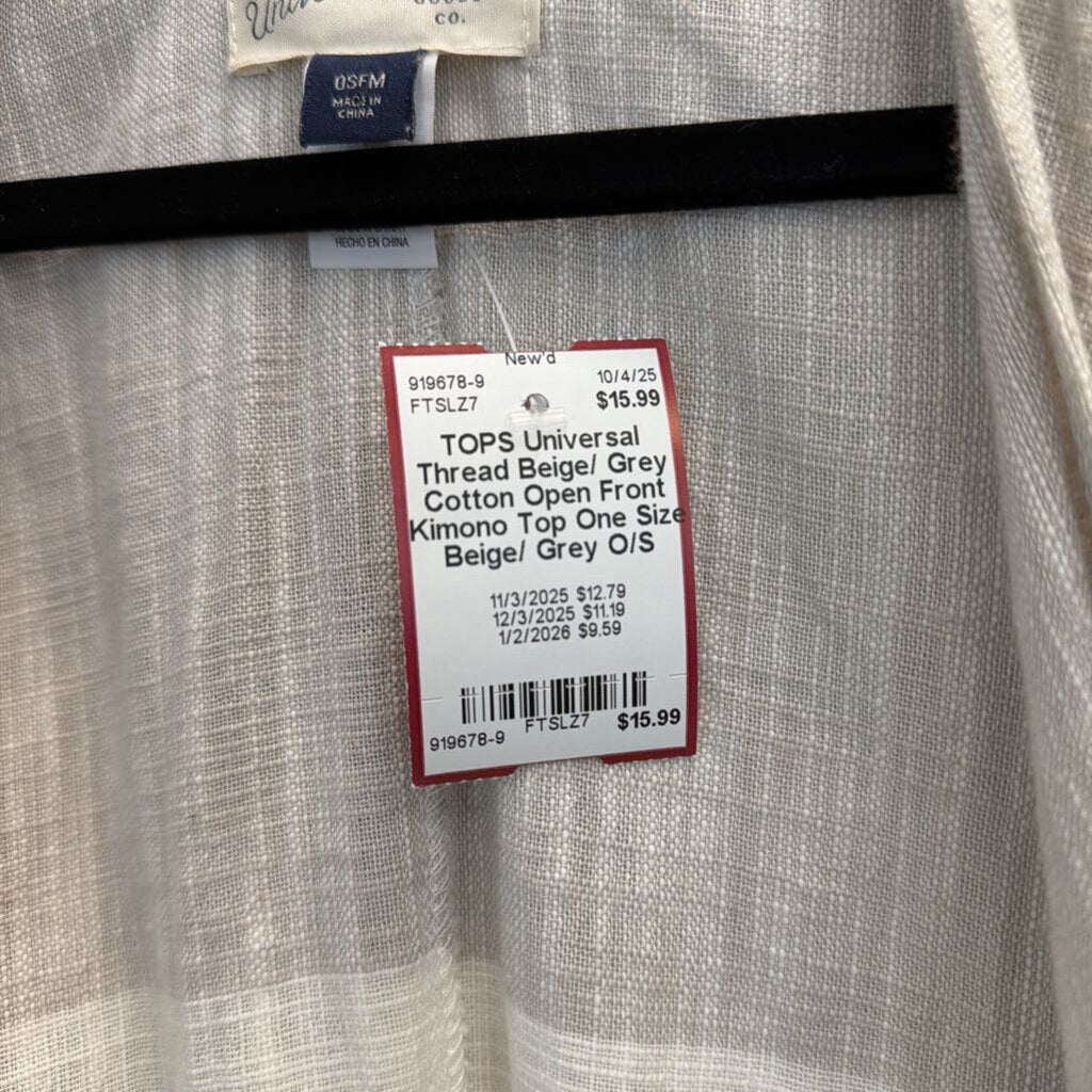 Beige/ Grey Cotton Open Front Kimono Top One Size