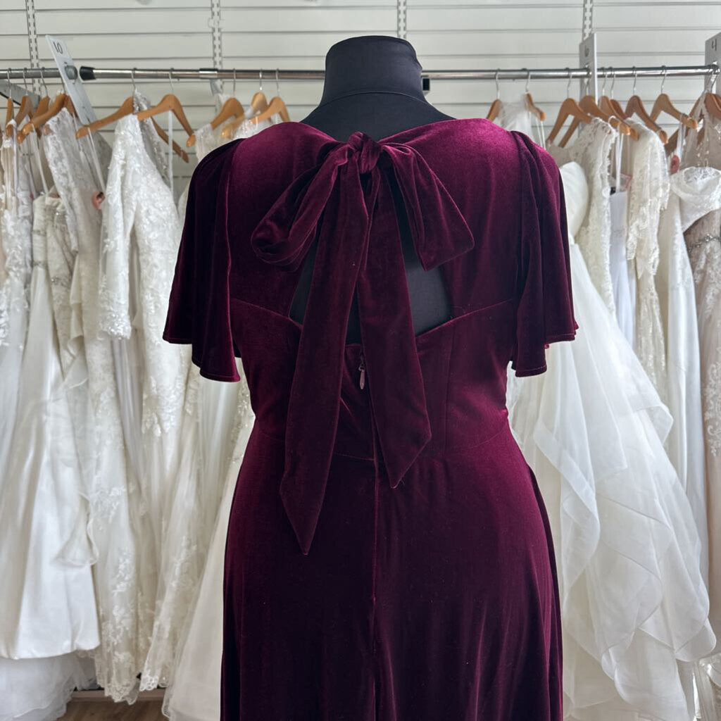 Azazie Burgundy Velvet Short Sleeve Long Formal Dress 22