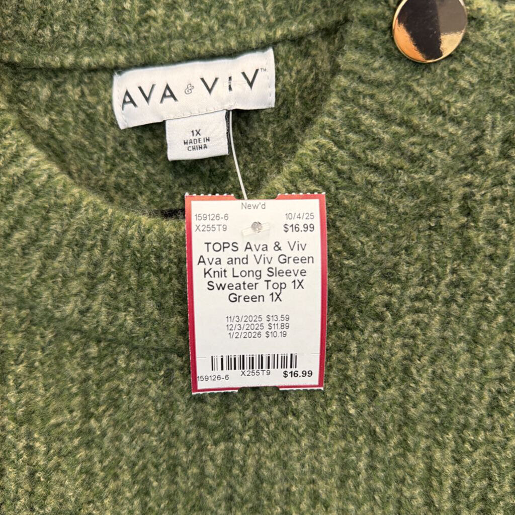 Ava and Viv Green Knit Long Sleeve Sweater Top 1X