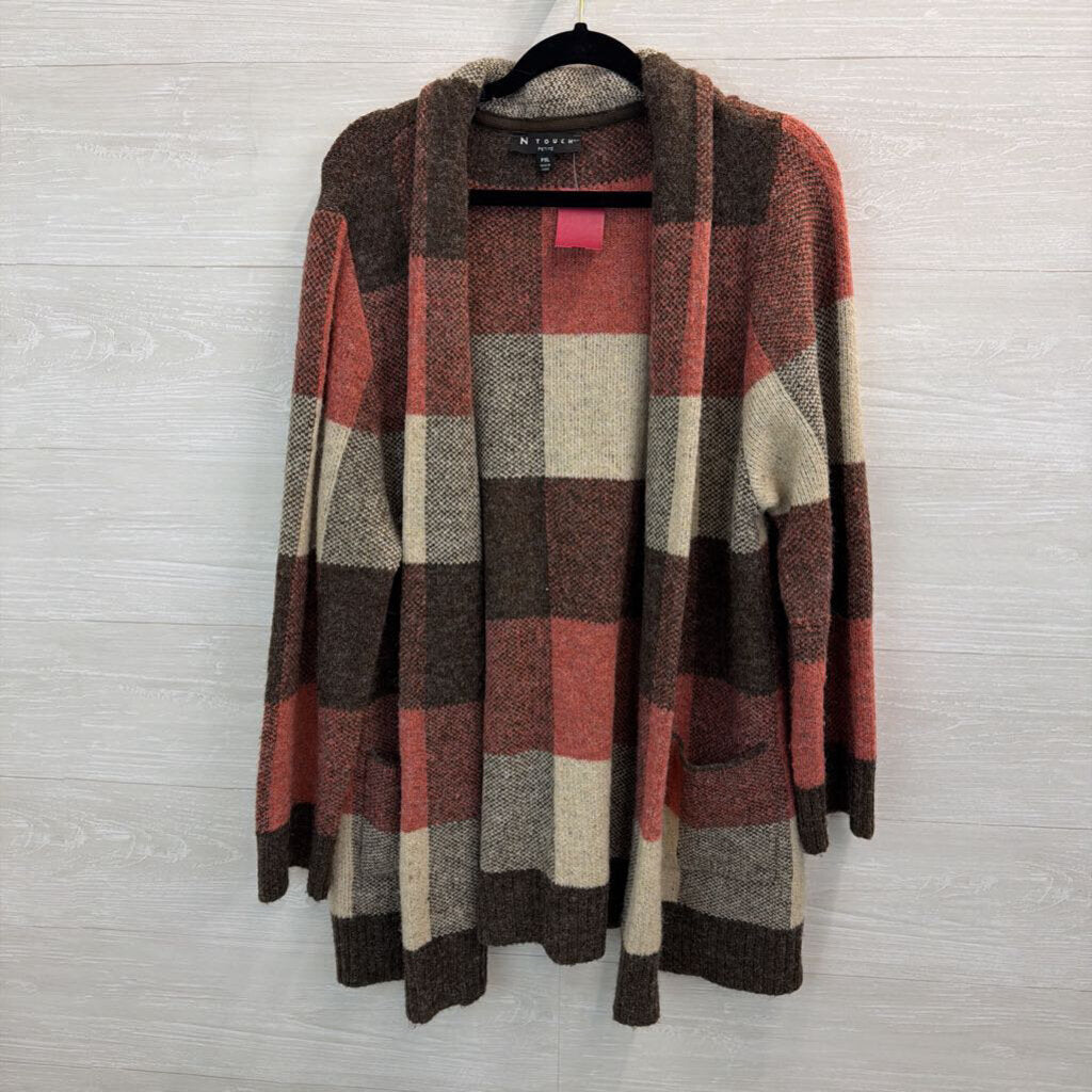 N Touch Brown/ Pink/ Cream Checkered Knit Long Sleeve Open Front Hooded Sweater PXL