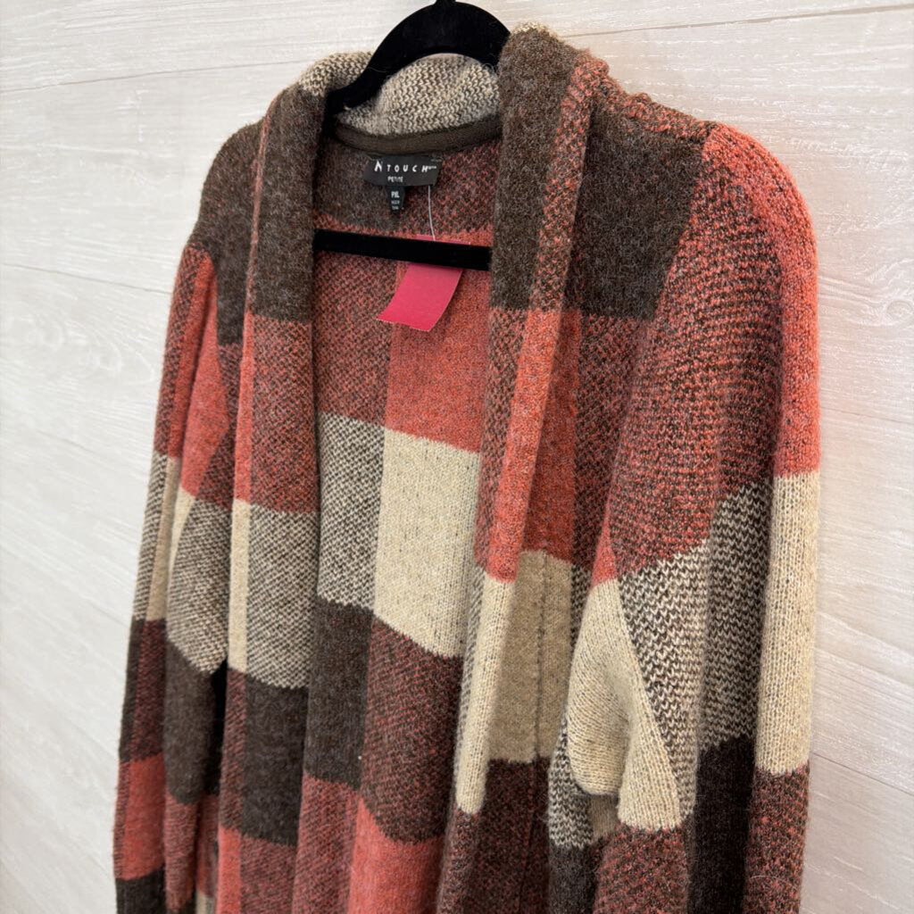 N Touch Brown/ Pink/ Cream Checkered Knit Long Sleeve Open Front Hooded Sweater PXL