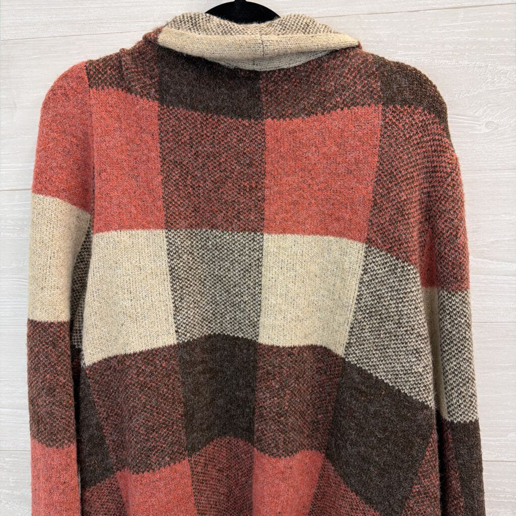 N Touch Brown/ Pink/ Cream Checkered Knit Long Sleeve Open Front Hooded Sweater PXL