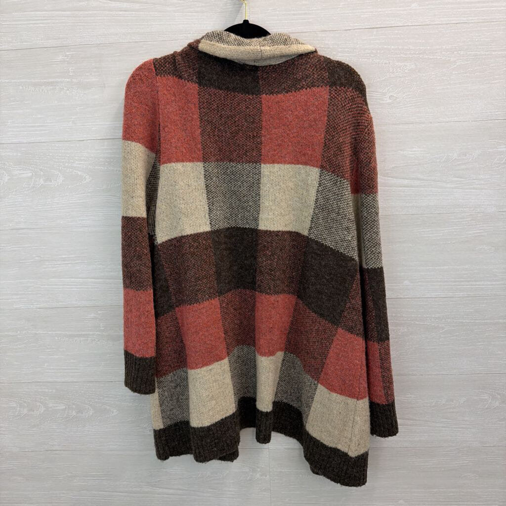 N Touch Brown/ Pink/ Cream Checkered Knit Long Sleeve Open Front Hooded Sweater PXL