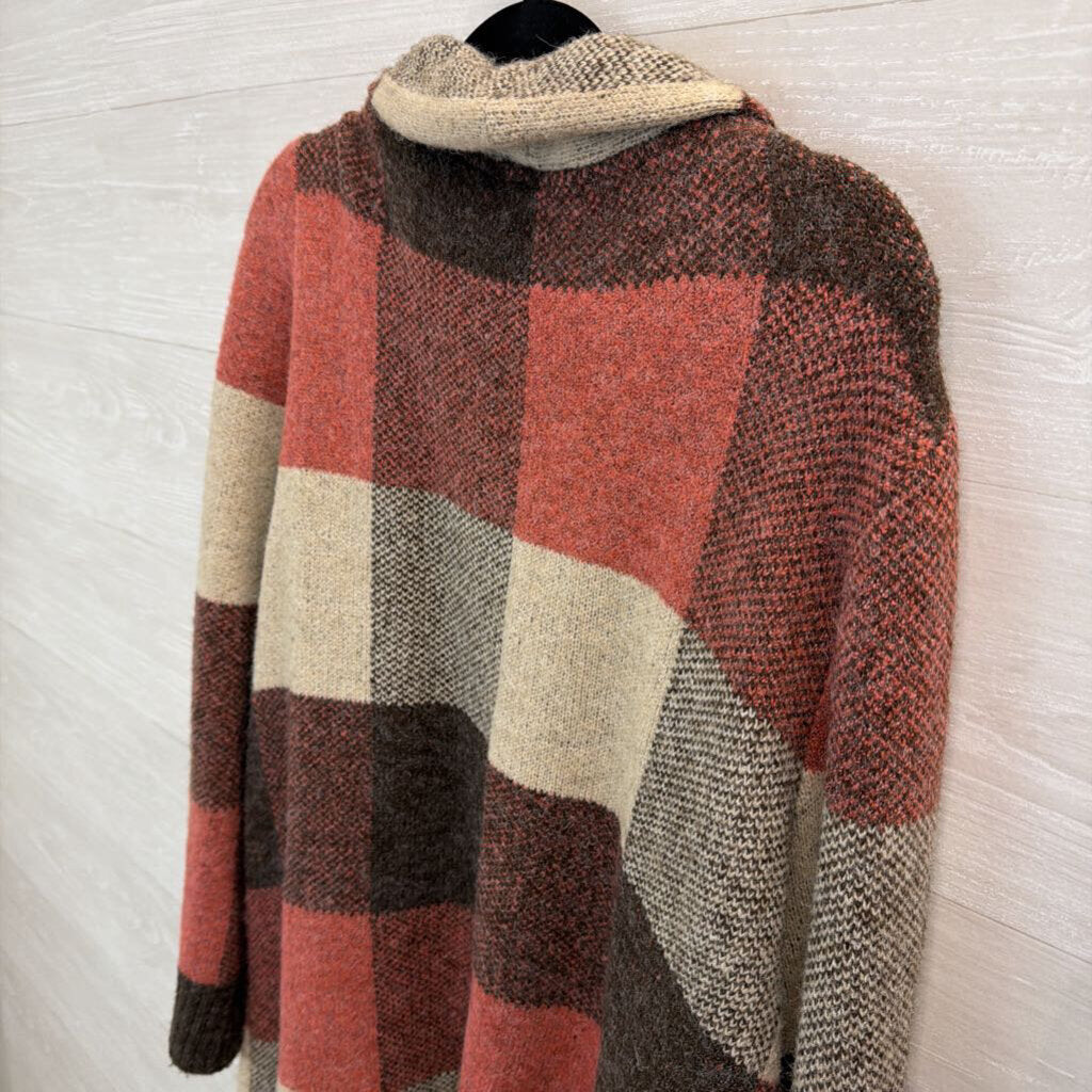 N Touch Brown/ Pink/ Cream Checkered Knit Long Sleeve Open Front Hooded Sweater PXL