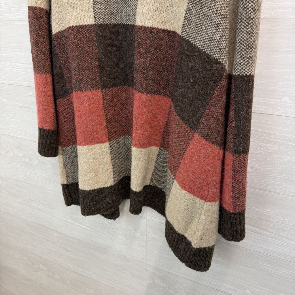N Touch Brown/ Pink/ Cream Checkered Knit Long Sleeve Open Front Hooded Sweater PXL