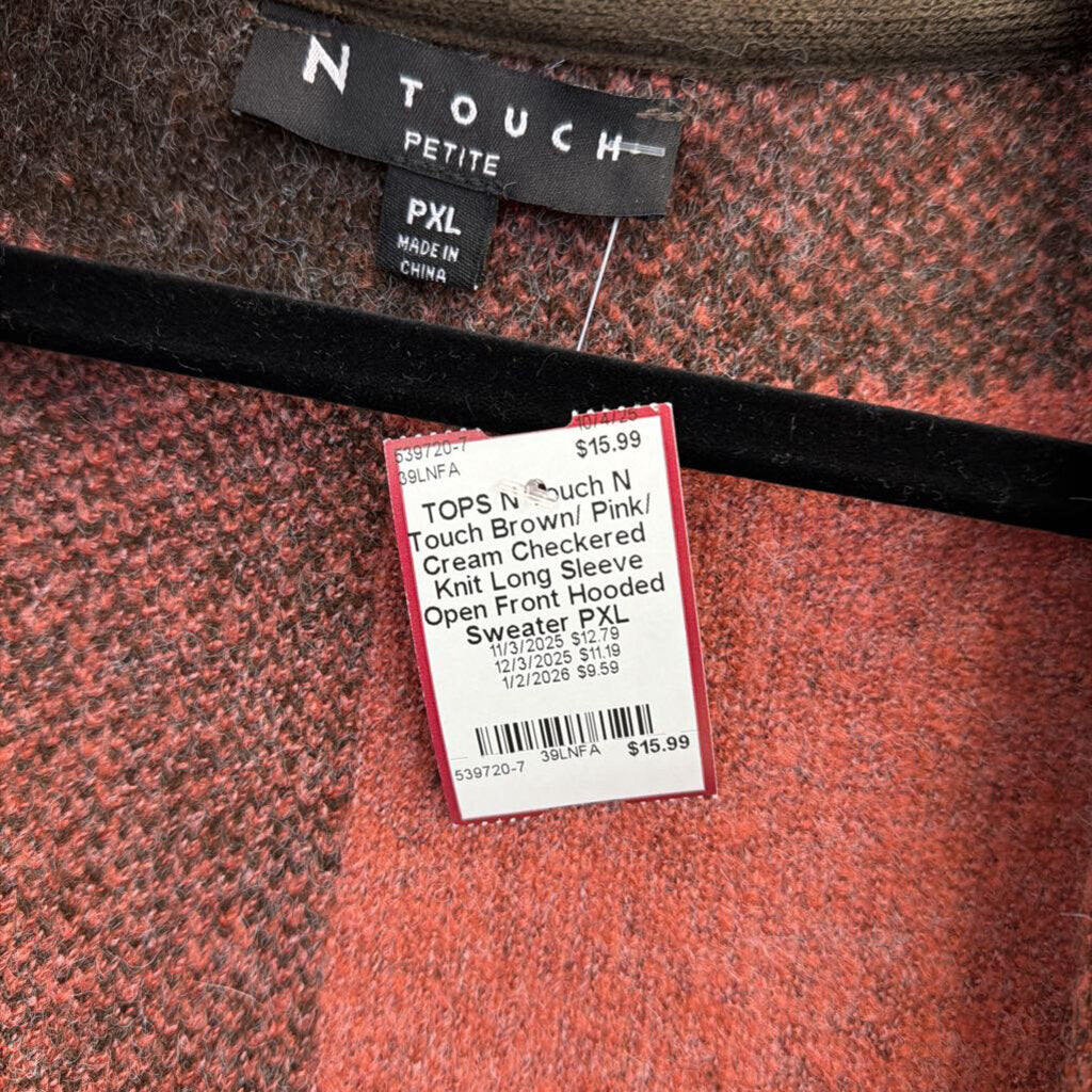 N Touch Brown/ Pink/ Cream Checkered Knit Long Sleeve Open Front Hooded Sweater PXL