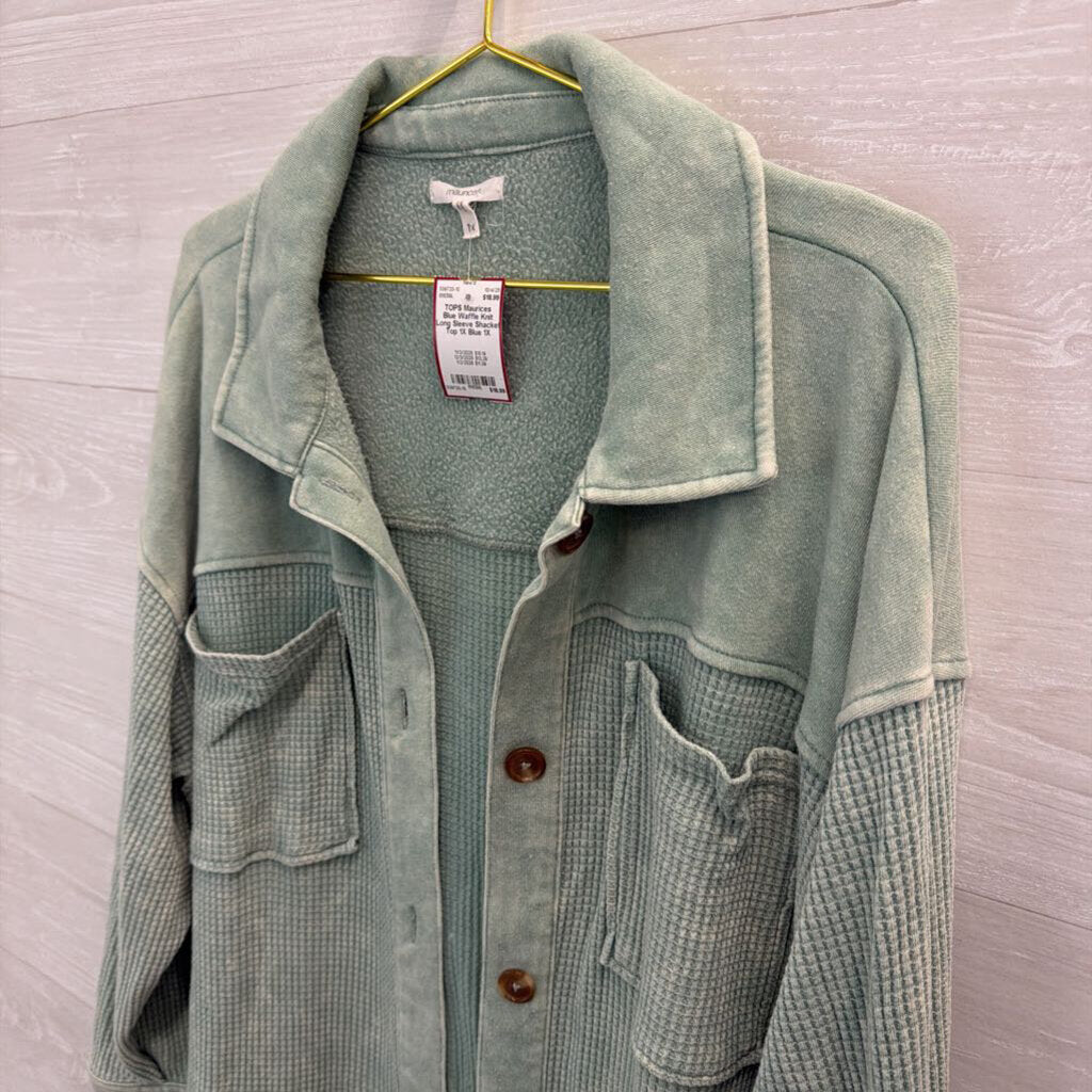 Blue Waffle Knit Long Sleeve Shacket Top 1X