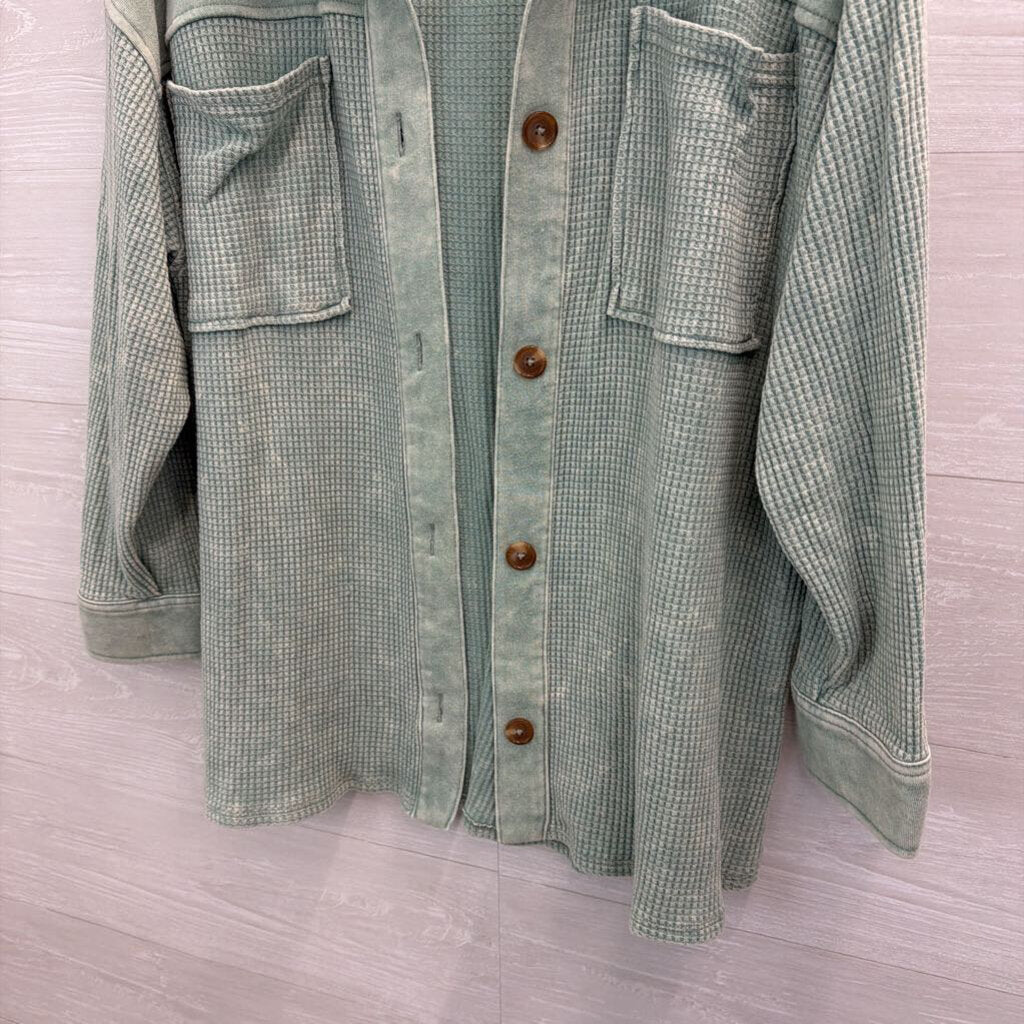 Blue Waffle Knit Long Sleeve Shacket Top 1X