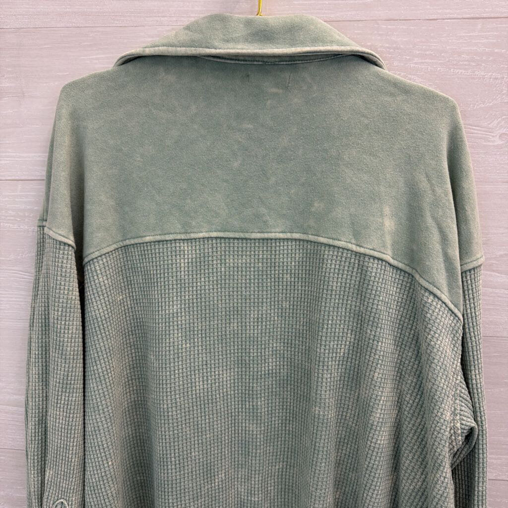 Blue Waffle Knit Long Sleeve Shacket Top 1X