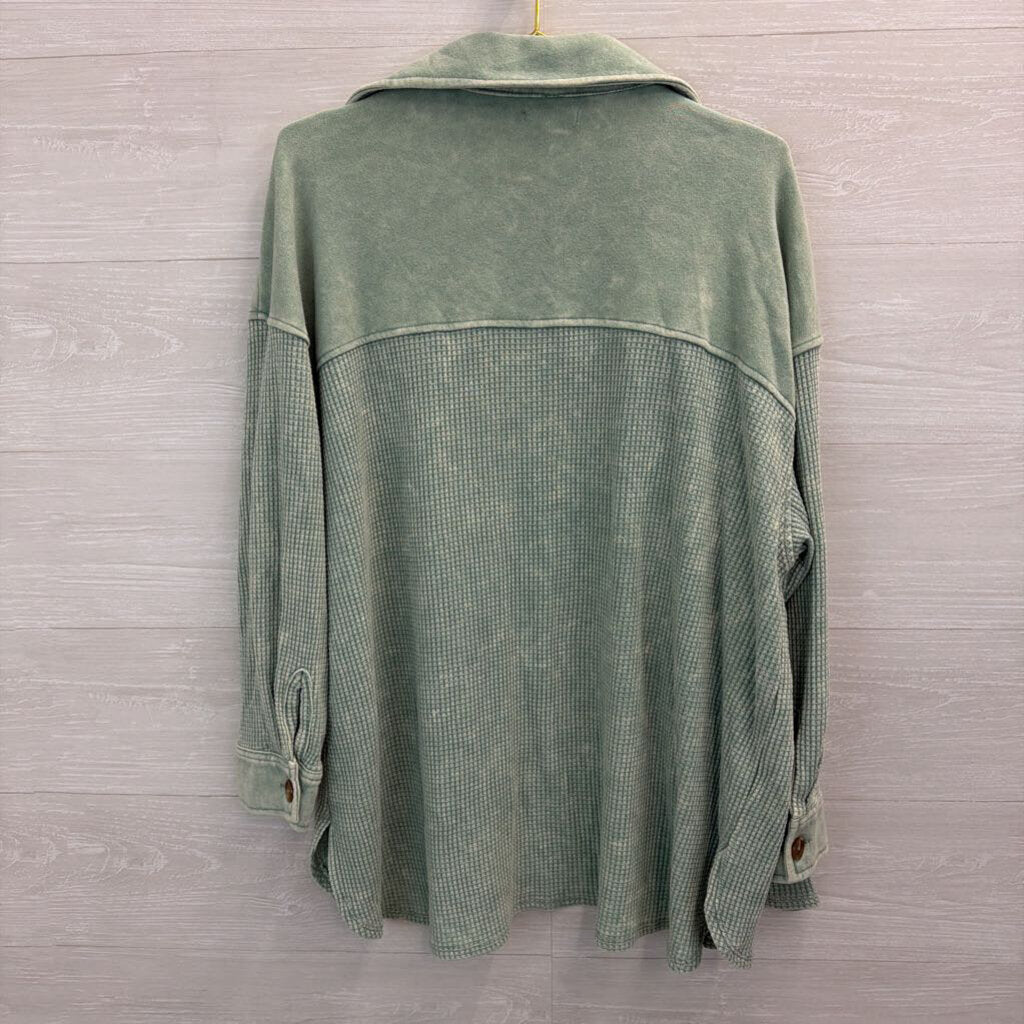 Blue Waffle Knit Long Sleeve Shacket Top 1X