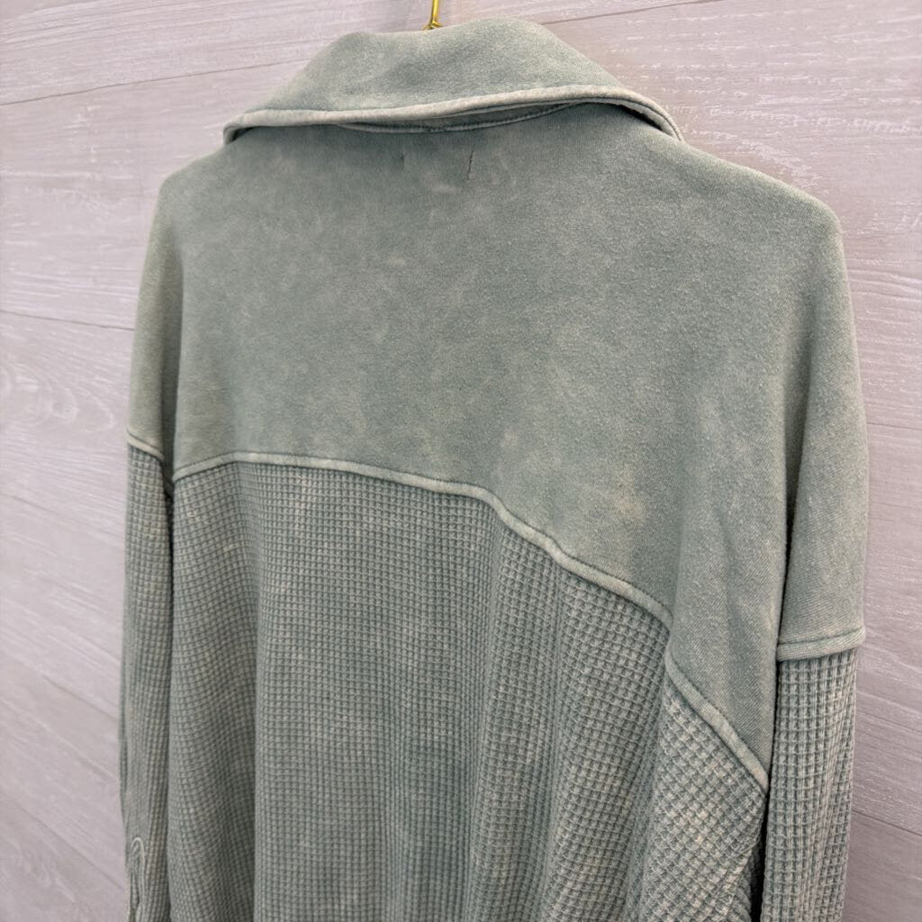 Blue Waffle Knit Long Sleeve Shacket Top 1X