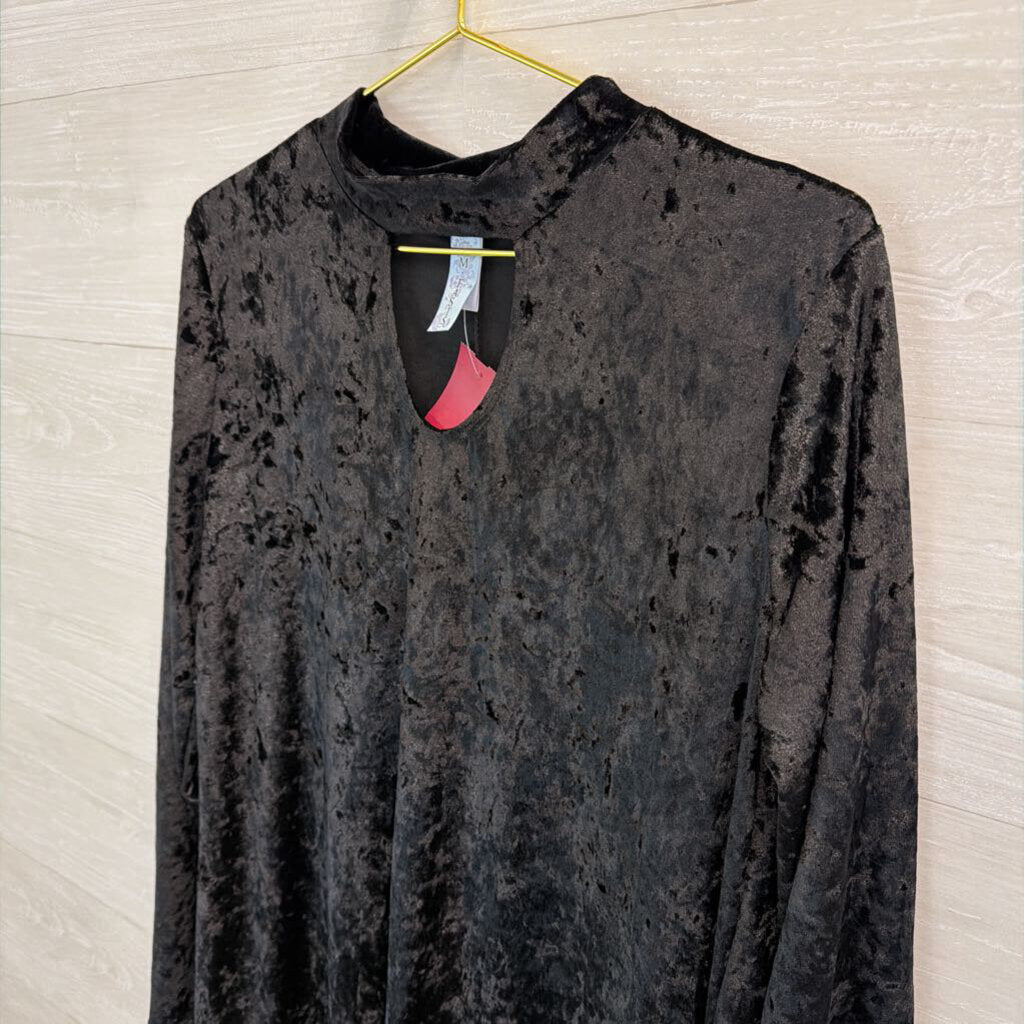 M Fasis Black Crushed Velvet Long Sleeve Dress Large