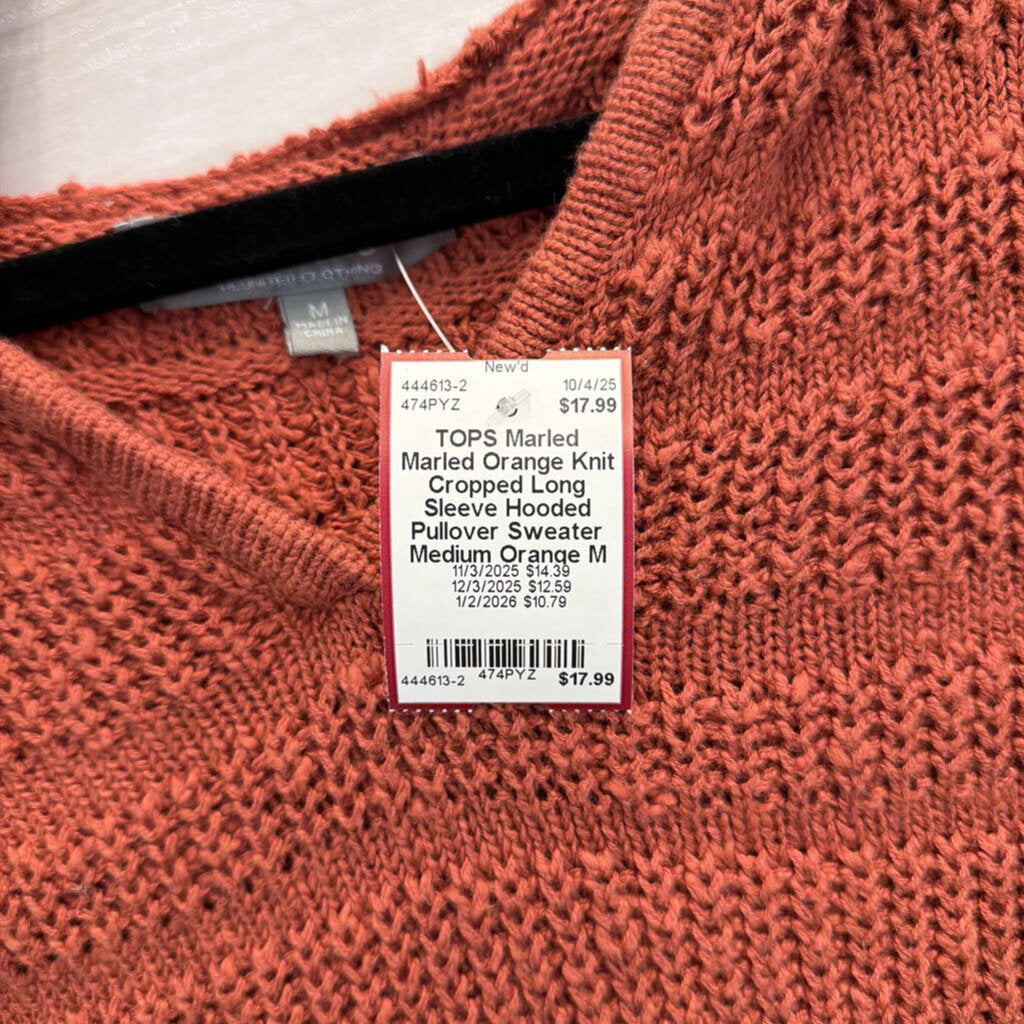 Marled Orange Knit Cropped Long Sleeve Hooded Pullover Sweater Medium