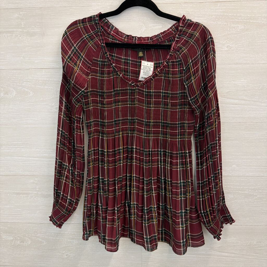 Melissa Paige Burgundy Plaid Pleated Long Sleeve Top Medium