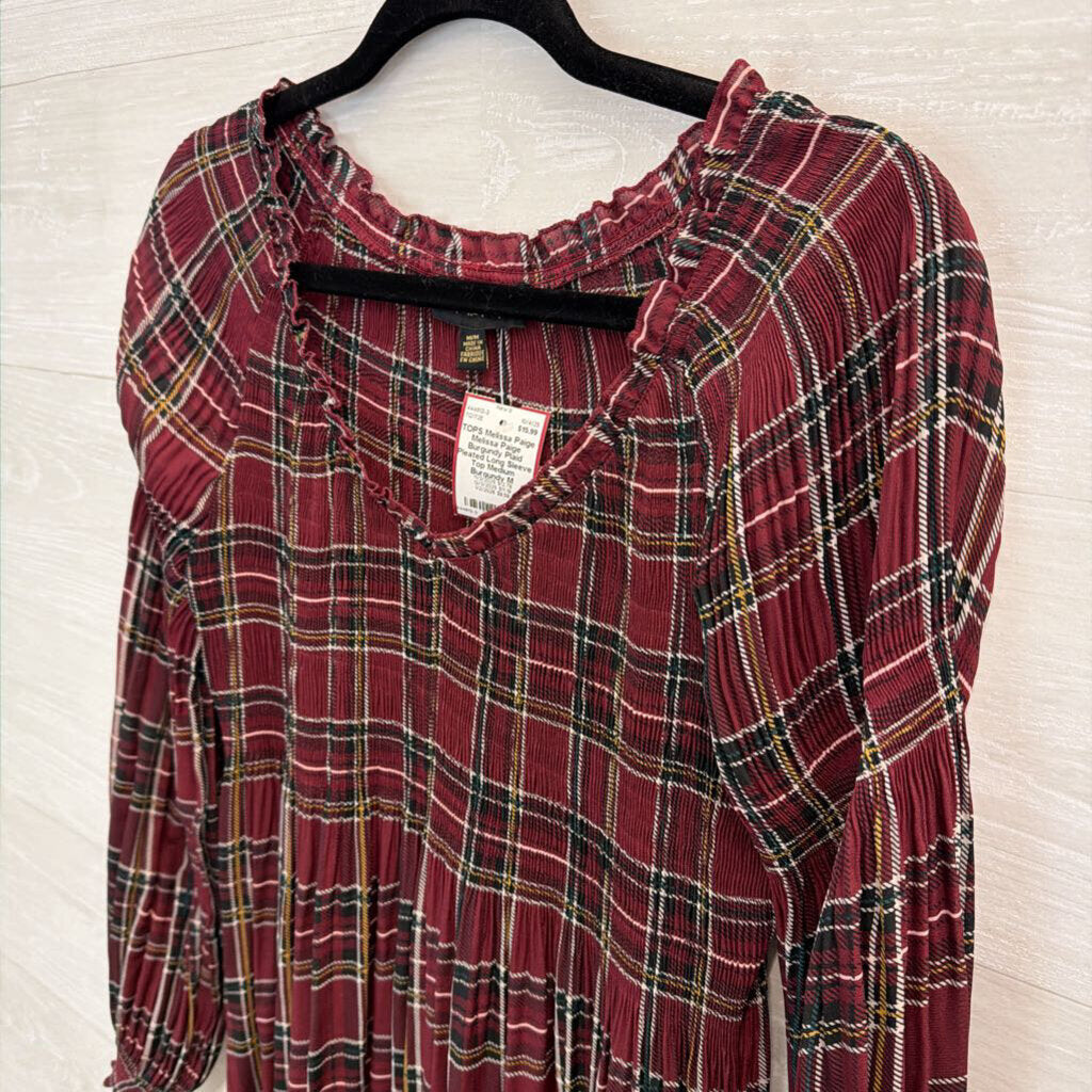 Melissa Paige Burgundy Plaid Pleated Long Sleeve Top Medium