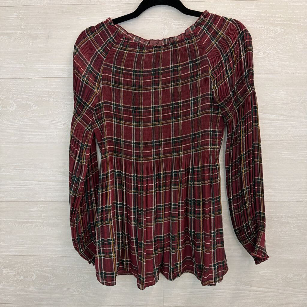 Melissa Paige Burgundy Plaid Pleated Long Sleeve Top Medium
