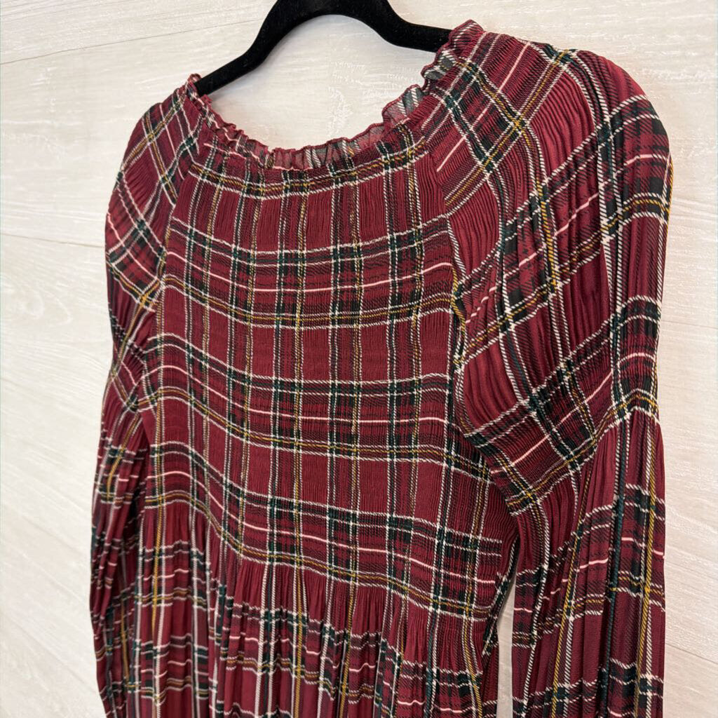 Melissa Paige Burgundy Plaid Pleated Long Sleeve Top Medium