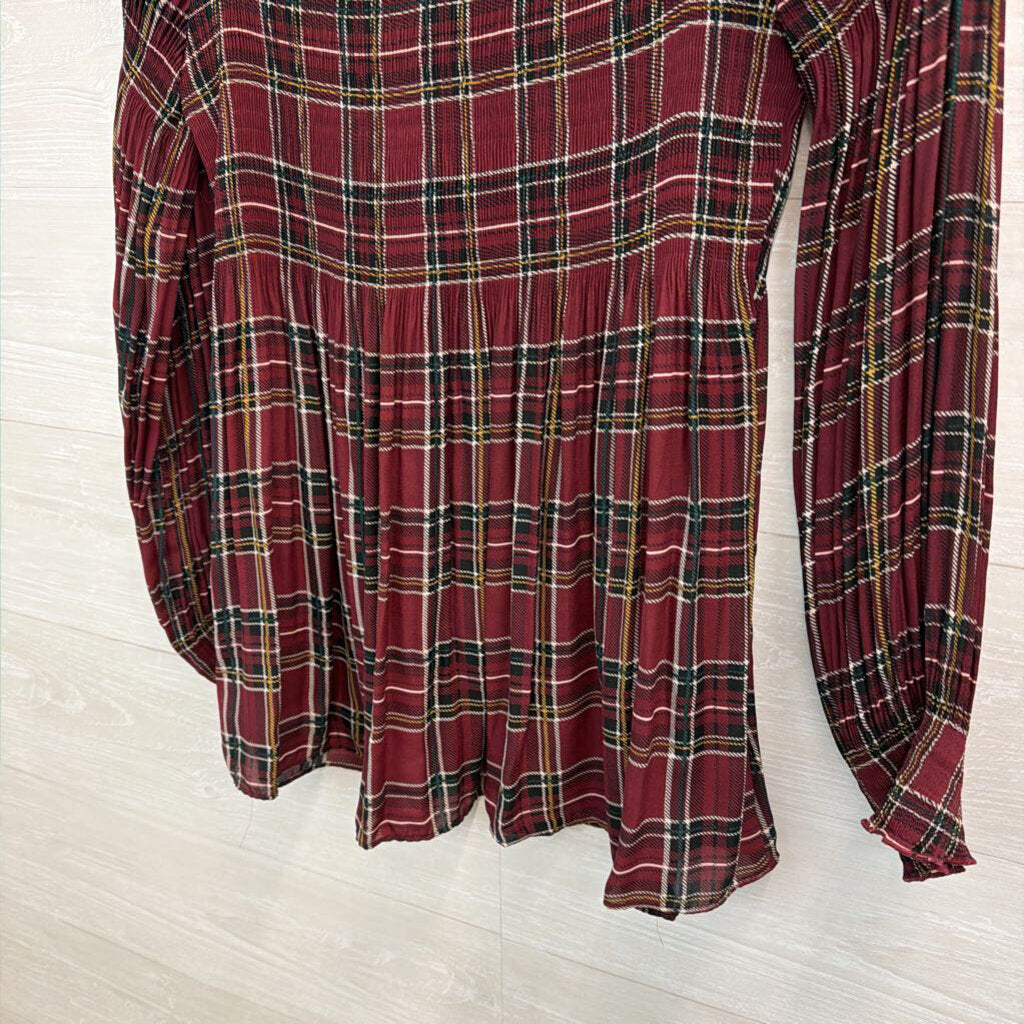 Melissa Paige Burgundy Plaid Pleated Long Sleeve Top Medium