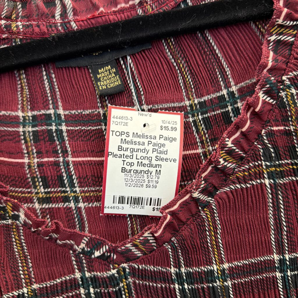 Melissa Paige Burgundy Plaid Pleated Long Sleeve Top Medium