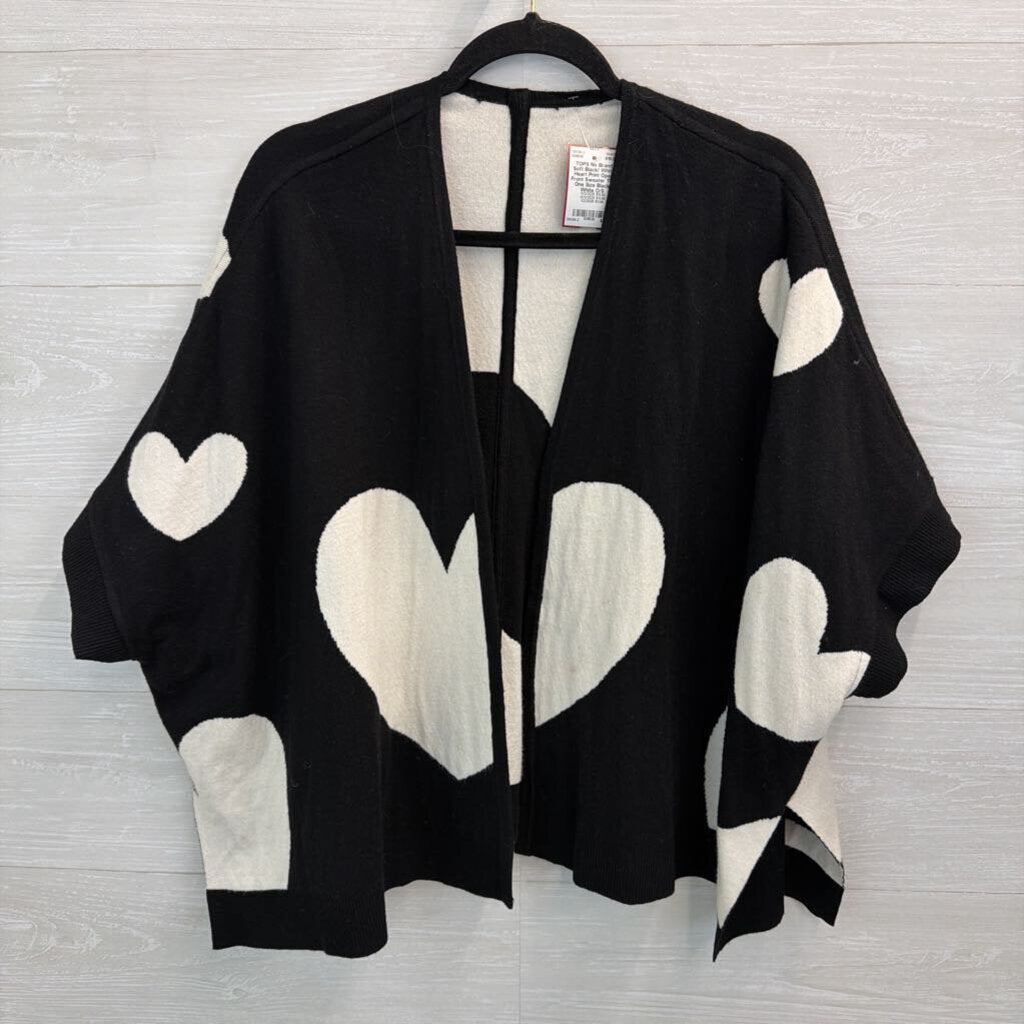 Soft Black/ White Heart Print Open Front Sweater Top One Size