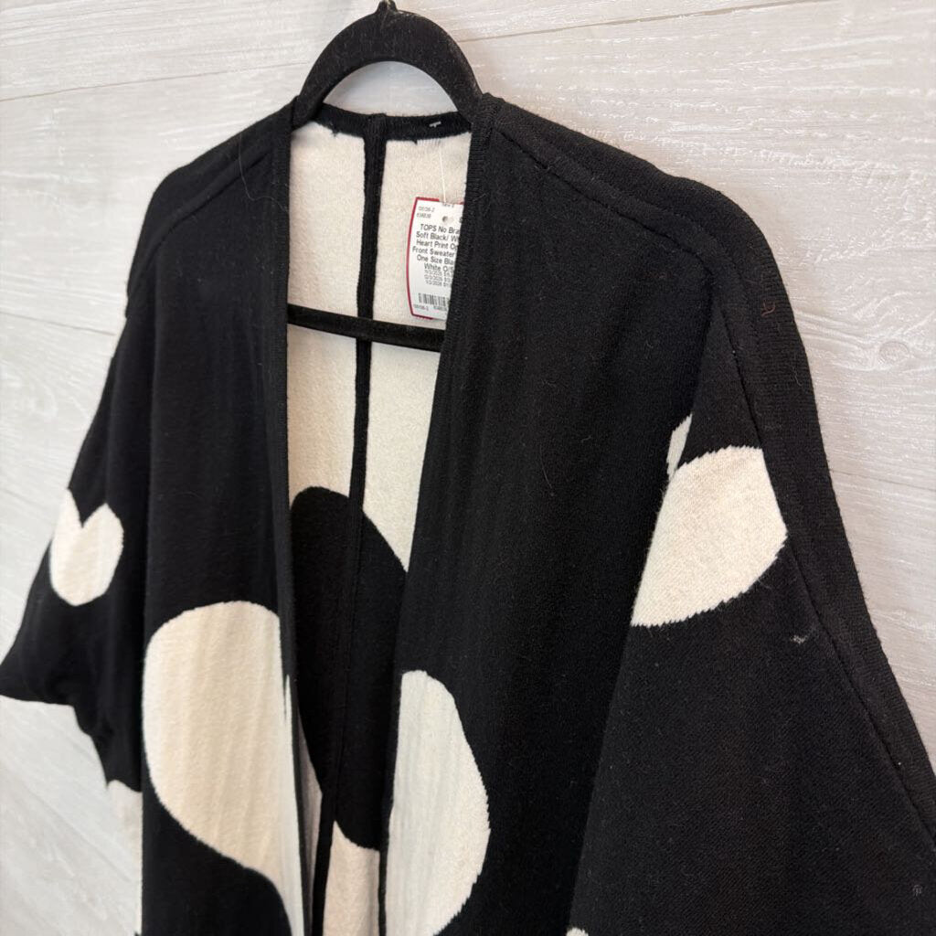 Soft Black/ White Heart Print Open Front Sweater Top One Size