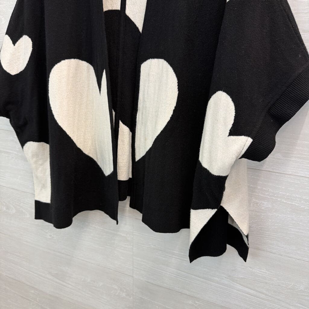 Soft Black/ White Heart Print Open Front Sweater Top One Size
