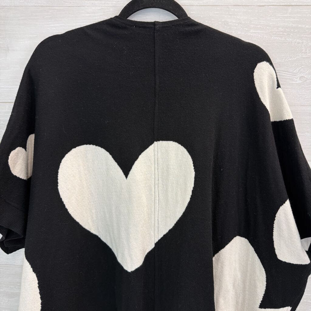 Soft Black/ White Heart Print Open Front Sweater Top One Size