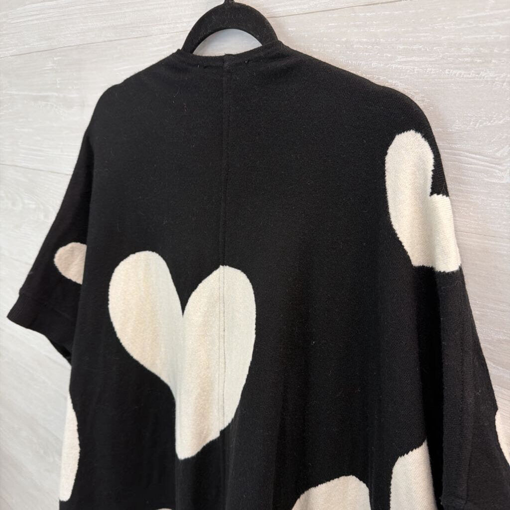Soft Black/ White Heart Print Open Front Sweater Top One Size