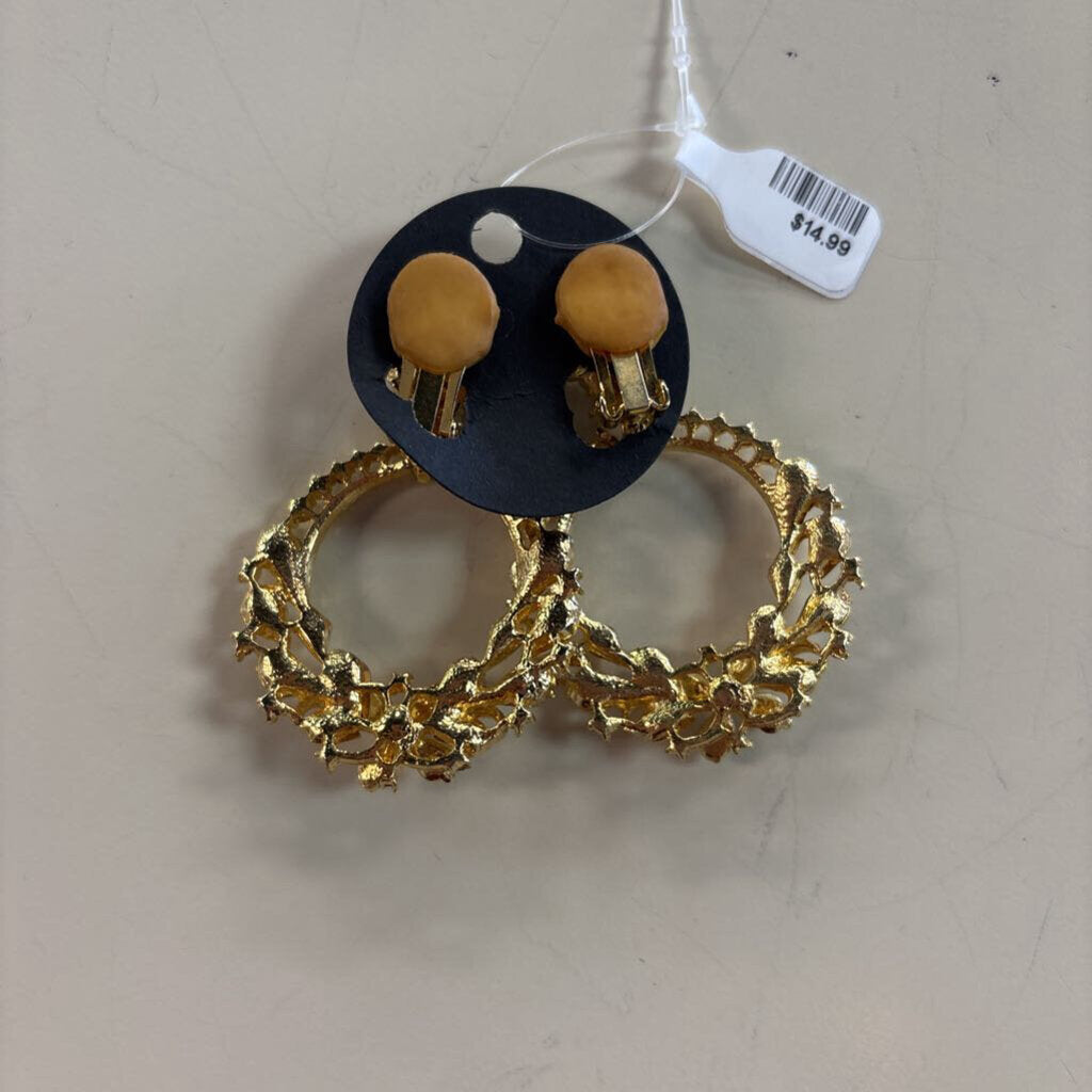 Vintage Gold/ Rhinestone Circle Drop Clip On Statement Earrings