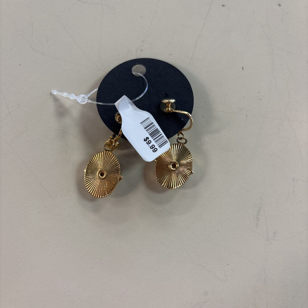 Vintage Gold/ White Stone Drop Screw Back Earrings