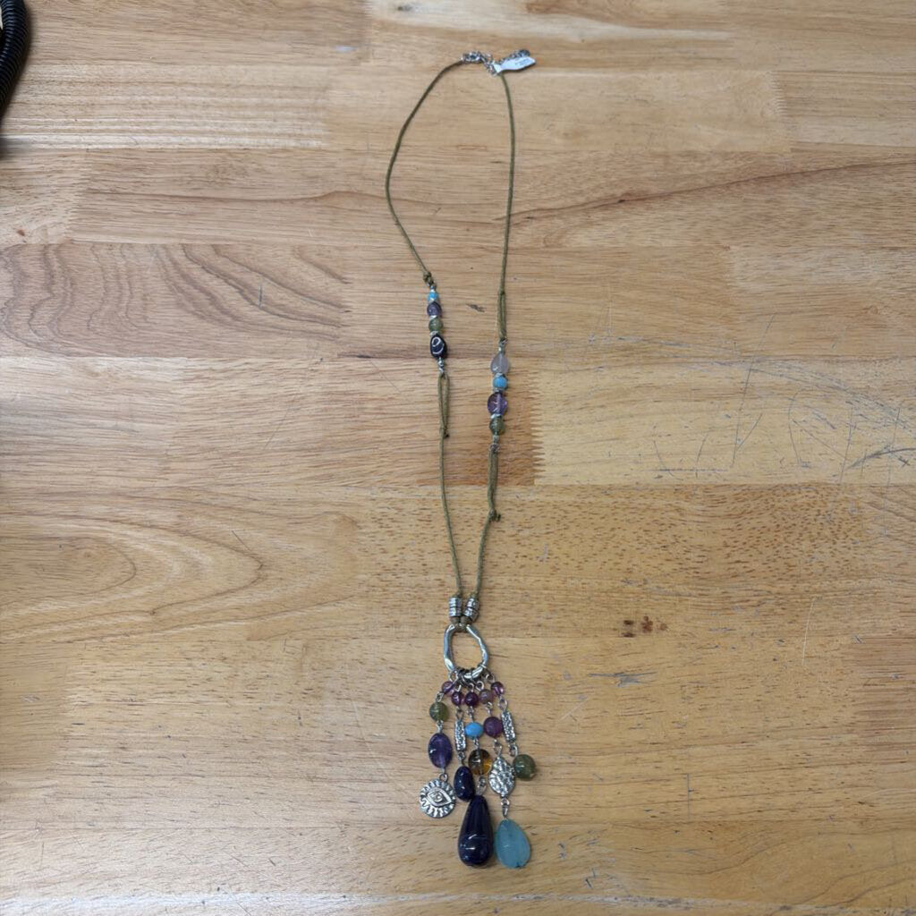 Brown String/ Multi Color Beaded Tassel Long Necklace