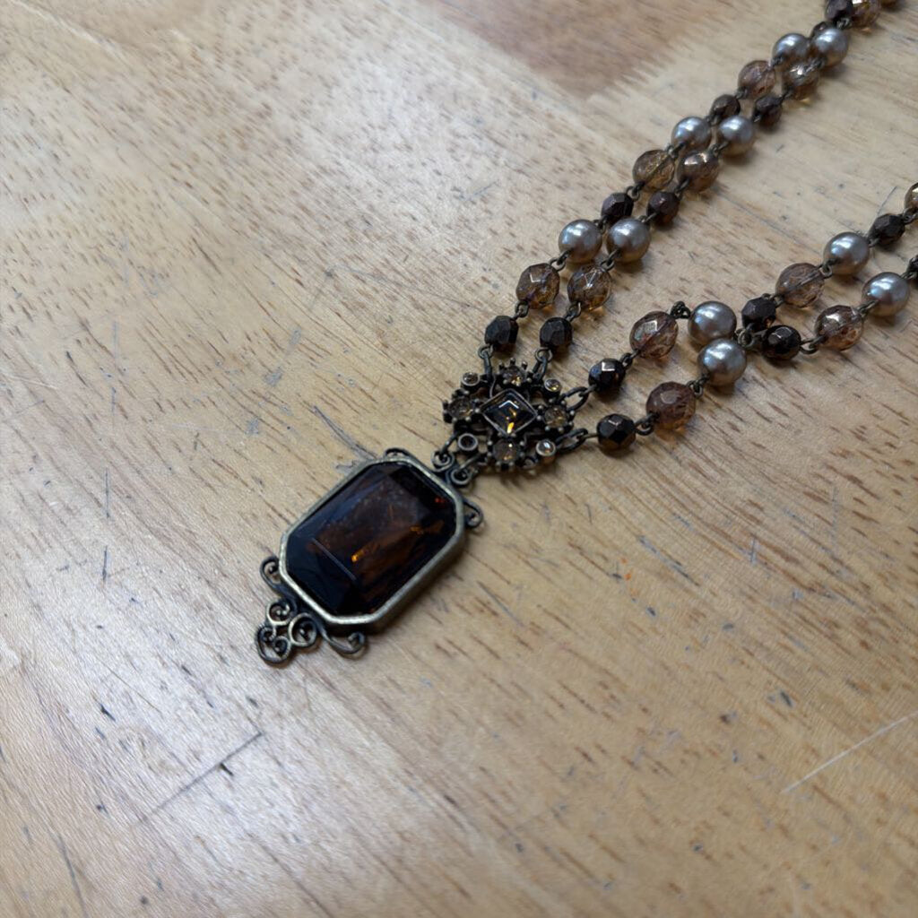 Bronze/ Brown Beaded Drop Pendant Necklace