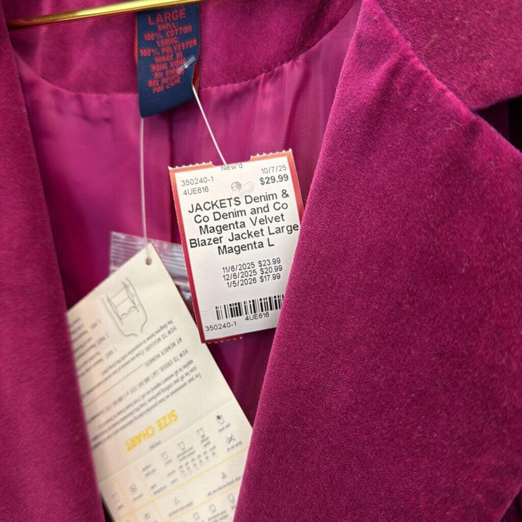 Denim and Co Magenta Velvet Blazer Jacket Large
