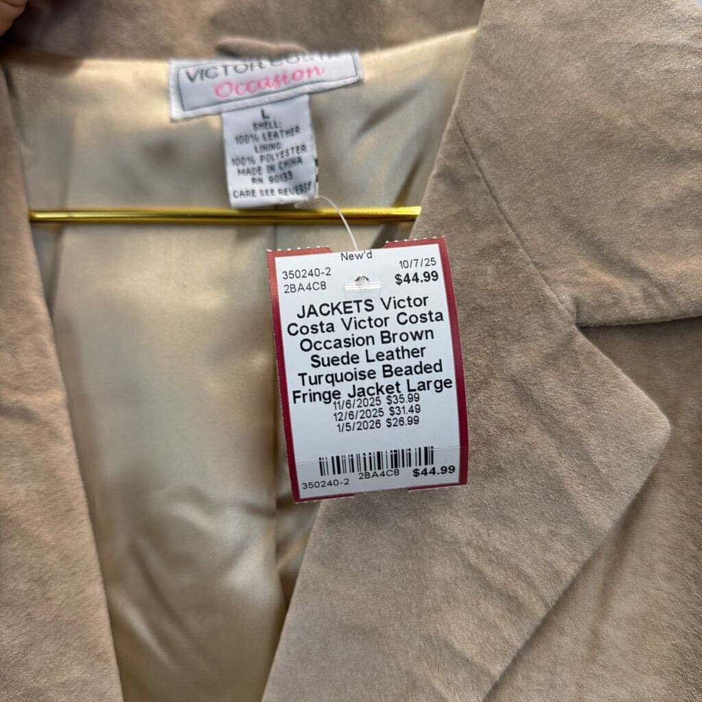 Victor Costa Occasion Brown Suede Leather Turquoise Beaded Fringe Jacket Large