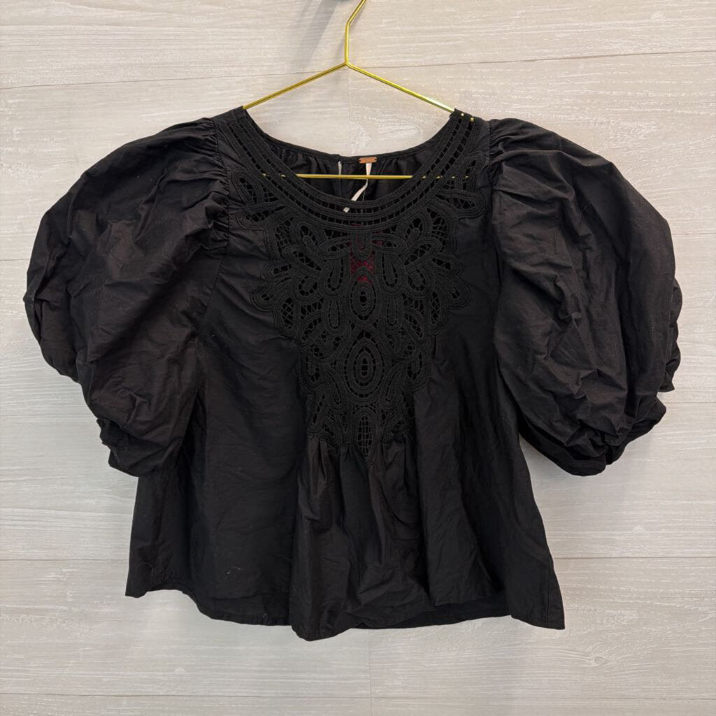 Free People Black Short Puff Sleeve Lace Detail Top Small