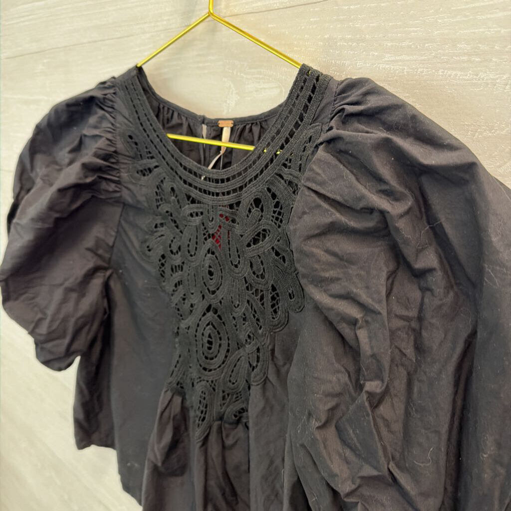 Free People Black Short Puff Sleeve Lace Detail Top Small